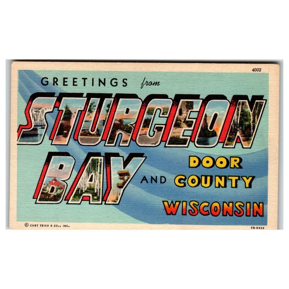 VINTAGE GREETINGS FROM STURGEON BAY WISCONSIN LARGE LETTER LINEN POSTCARD